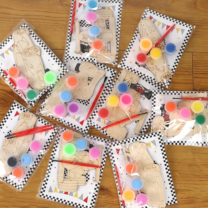 LARDUX Race Car Party Favors, 24PCS DIY Wooden Arts & Crafts Painting Kit for Kids, Glow in The Dark Party Favors Family Crafts Birthday Party Christmas Gifts Toys for Boys Girls