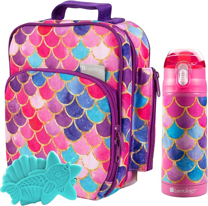 Bentology Kids Lunch Bag Set w Matching Reusable Water Bottle & Hard Ice Pack- Pink Purple Mermaid- Insulated Tote, Stainless Steel Insulated Thermos, Hard Ice Pack- Back to School Lunchbox Kits