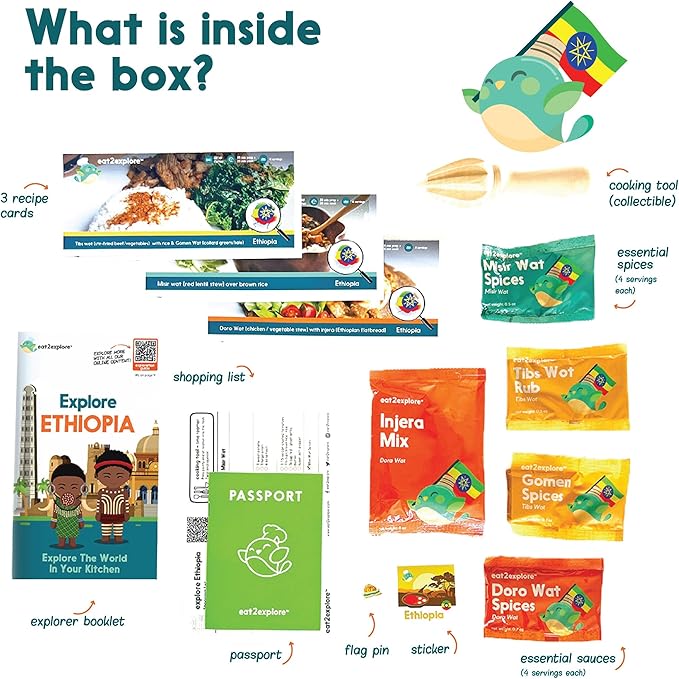 eat2explore Cooking Kits for Kids - Interactive & Educational Set with 3 Recipe Cards, Key Ingredients & Cooking Tools - Ideal Idea for Kids who Love to Create Meals (Ethiopia Edition)