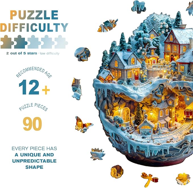 Wooden Puzzles for Adults - Train and Village Wooden Jigsaw Puzzle - Unique Animal Shaped Wood Puzzles Adult - Christmas Birthday Gifts for Adults/Friends/Family - 90pcs 8.5 * 7.9in