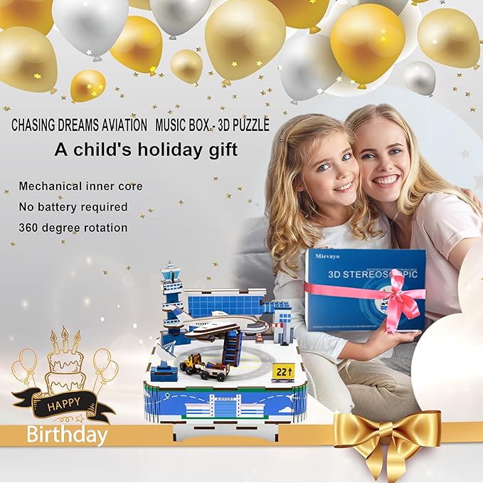 3D Wooden Puzzles Airport Model DIY Rotating Music Box Kit for Teen Boys and Girls-Birthday Gifts and Toys for Kids（Airport Model Music Box）