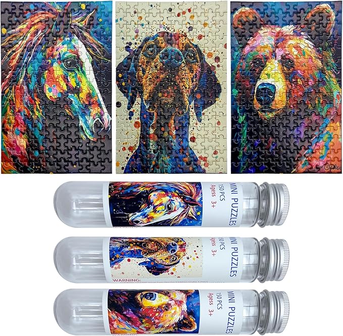 150 Pieces Mini Jigsaw Puzzles for Adults & Kids,6 x 4 Inches,Mini Puzzles,Travel Puzzle,Small Micro Puzzles,Challenging Difficult Puzzle,3 Pack Oil Painting Style Animals
