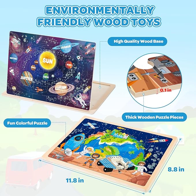 Wooden Puzzles for Kids Age 3 4 5 Year Old, 4 Pack 24 Pcs Toddler Jigsaw Puzzles for Girl Boy Geography Space Activities Preschool Learning Educational Birthday Gift Travel Autistic Wooden Toys
