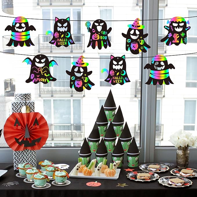 CY2SIDE Halloween Ghost Scratch Cards - 60PCS DIY Boo Spooky Scratch Paper Art for Kids School Activity, Cute Ghost Magic Art Rainbow Color Craft Ornament for Kids Halloween Trick or Treat Party Favor