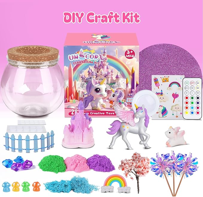 RONSTONE Uni-Corn Terrarium Kit Toys for Girls - Birthday for Girls Ages 4 5 6 7 8-12 Year Old - Light Up DIY Uni-Corn Arts and Crafts for Kids