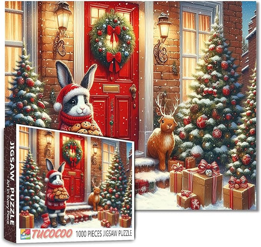 1000 Piece Jigsaw Puzzles for Adults Rabbit Delivery Christmas Cookie Painting Jigsaw Puzzle Animal/Wildlife 1000 Pieces Puzzles Family Fun Game DIY Craft Bedroom Decor Christmas Tree Puzzle Art Gift