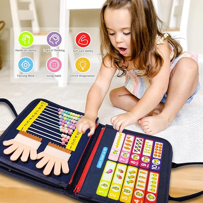 Montessori Busy Board for Boys 1 2 3 4 Year, Sensory Toys for Toddlers 1-4, Ideal for Travel and Preschool - ABCs, 123s, Shapes, Colors, Animals, Weather, Birthday Gifts