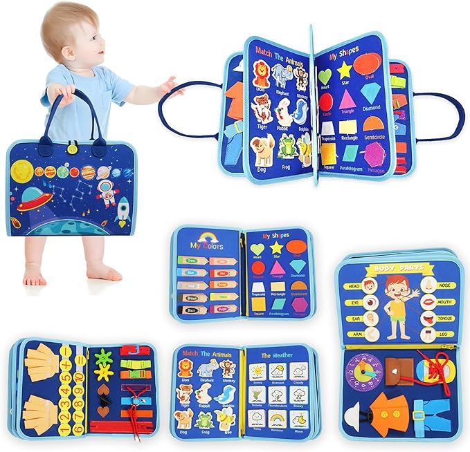 Busy Board for 1-3 Year Old Toddler Montessori Learning Busy Book Sensory Toys for Boys Girls Preschool Toys Birthday Idea Gift (Planet)