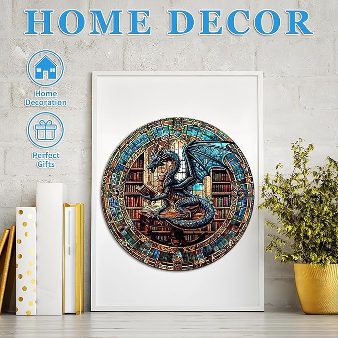 KAAYEE Wooden Puzzles for Adults-Dragon Library Wooden Jigsaw Puzzle Unique Shape Wooden Puzzle Wood Puzzle for Adults,Family Puzzles Gifts (S-8.5 * 8.5in-100pcs)