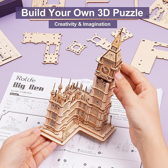 Rolife 3D Wooden Puzzles for Adults Big Ben -220 Pieces 3D Puzzle Wood London Architecture Model Craft Kits Birthday Gift for Teens/Adults Desk Decor