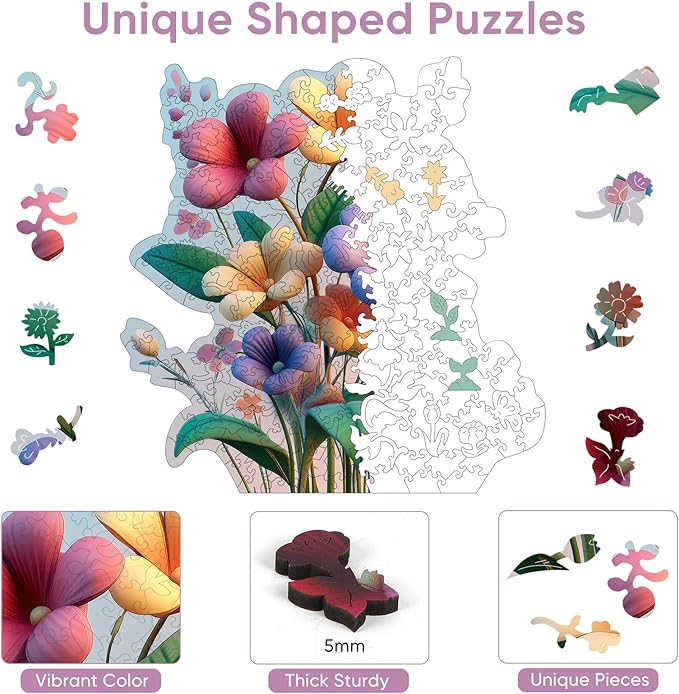 Ruikiyart Wooden Puzzles for Adults, 5MM 200 Pieces Flower Wooden Jigsaw Puzzles, Floral Puzzle Unique Shaped Gifts for Adults and Kids on Thanksgiving, Christmas Family Puzzle Games (11.1"*11.4")