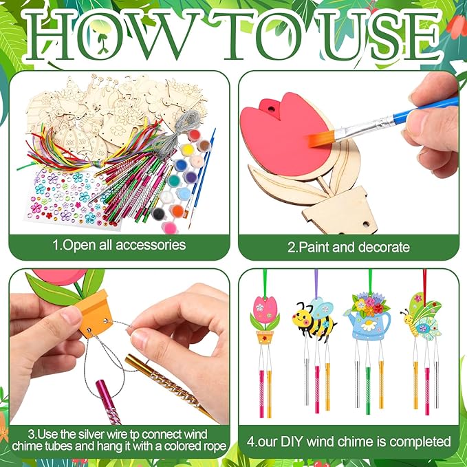 30 Pack Wind Chime Making Kit for Kids, Make Your Own Spring Tulip bee Wind Chime Wooden Ornaments for Girls and Boys DIY Crafts Activity Birthday Party Decoration