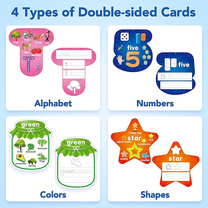 D-FantiX 55 Pcs Dry Erase Number & Alphabet Flash Cards for Toddlers, Double Sided Write and Wipe Educational Preschool Flashcards, Number Colors Shapes Letters Tracing Handwriting Practice for Kids