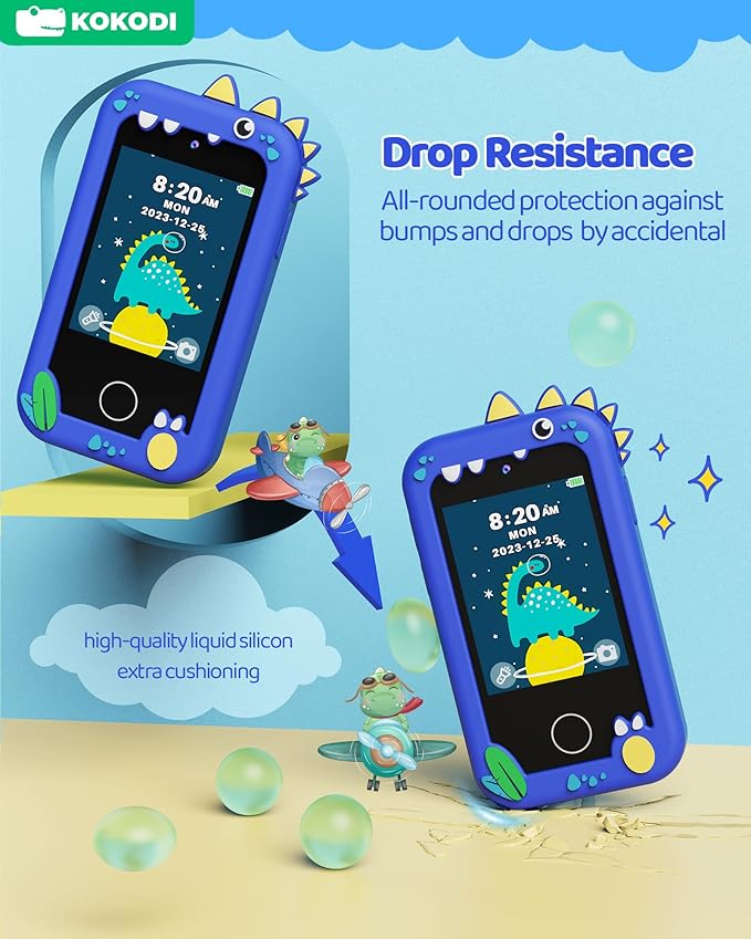 KOKODI Kids Smart Phone Toys, Touchscreen HD Dual Camera Cell Phone for Kids, Birthday Gifts Dinosaur Toddler Play Phone for Boys 3-10, Travel Learning Toy for Kids with 8GB SD Card(Navy Blue)