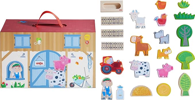 HABA Play World at The Farm Play Set - Barn and Animal Farm Toys for Toddlers 1-3, Toddler Learning Toys, Preschool Animal Figurines, Made in Germany