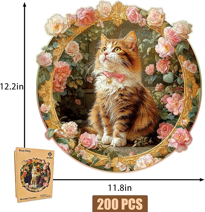 Wooden Jigsaw Puzzle, 200-500 Pieces Unique Shape Animal Puzzle, for Adults & Kids, Birthday Gift Family Game, Decorative Puzzle, Unique Gift (Rosy Kitty, 200 PCS)