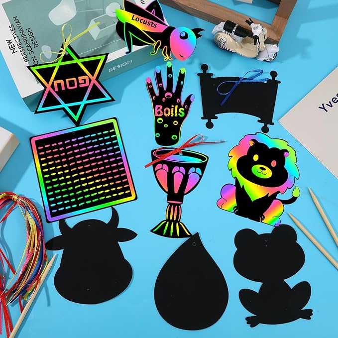 JULMELON 36 PCS Passover Crafts, Rainbow Scratch Paper Art for Passover Gifts Magic Color Passover Scratch Off Cards for Activities DIY Drawing Project Party Favors
