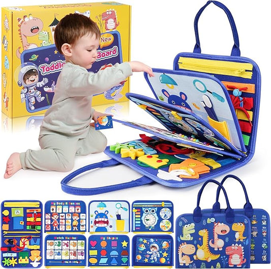 Montessori Busy Board Boy, Toddler Toys for 1 2 3+ Year Old Boy, Toddler Busy Book Educational Learning Sensory Activity Toys for Road Airplane Travel for Kids with Autism