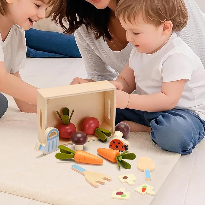 Wooden Montessori Gardening Playset for Kids – 16 Piece Plant & Harvest Toy Kit, Kids Pretend Play Food with Carrots, Beets, Mushrooms, Kitchen Accessories Toy Gift for Boys Girls 3+