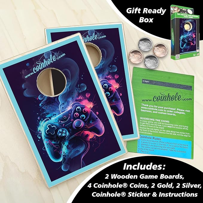 Coinhole Desktop Coin Bouncing Party Game Set | Tabletop Cornhole Board Game | Small Cornhole Travel Game Includes Coins