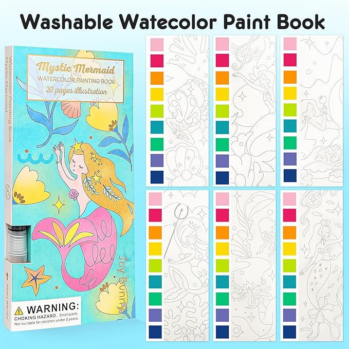 ROOCHKD Watercolor Painting Coloring Books Pocket Watercolor Paint Bookmarks, Mess Free Paint with Water Set, Travel Class Activities Art Party Favors Exchange Birthday Gifts for Kids (Mystic meraid)