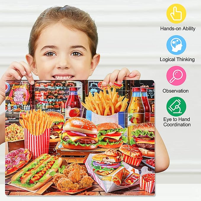 LELEMON Hamburger Jigsaw Puzzles in a Metal Box 100 Pieces Hamburger Fried Chicken French Fries Jigsaw Puzzle for Kids Ages 4-8 Children Learning Educational Puzzles Toys