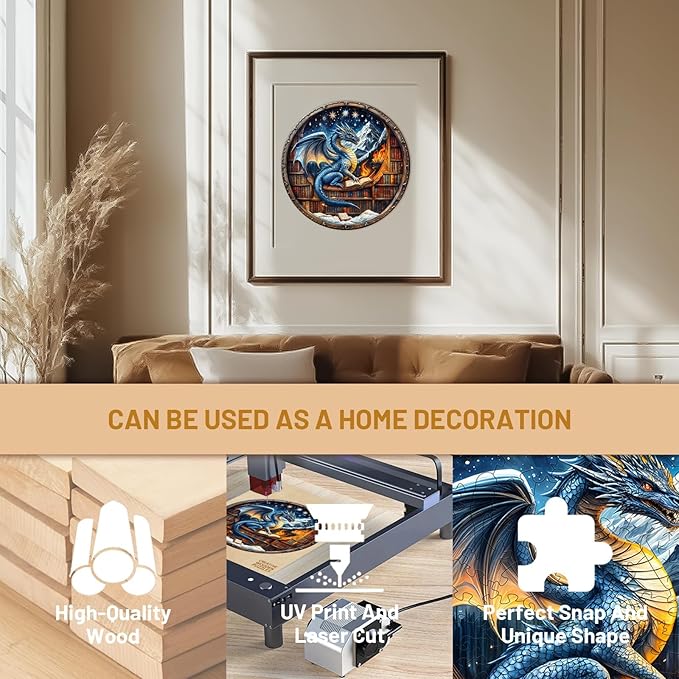 Wooden Jigsaw Puzzles for Adults, Snowy Library Dragon Wood Puzzles Adult, Wooden Puzzles for Adults, Unique Shape, Fun Gifts for Friends & Family, Home Decor(L -13.4 * 13.4in-300 pcs)