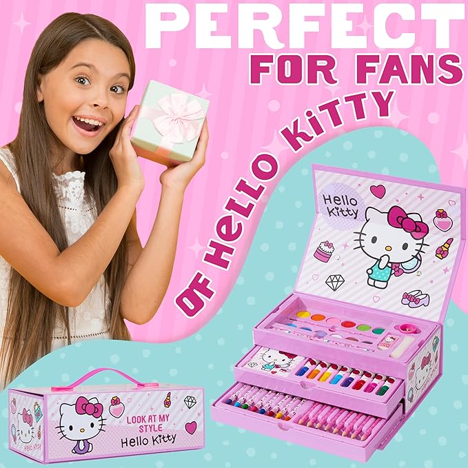 Hello Kitty Colored Pencils Art Supplies Kids Drawing Kit School Supplies Painting Kit Girls Drawing Pencils Art Kit Travel Case with Crayons Arts and Crafts for Kids 4-12 (Pink)