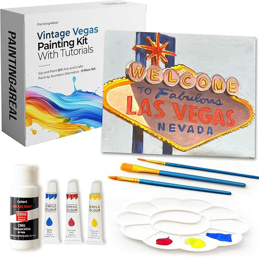 Painting4Real DIY Painting Class Kit for Adults with Video Tutorials: Learn to Paint Vegas Sign – How to Paint with Acrylics – Painting & Art Supplies – 9 Piece Acrylic Paint Set