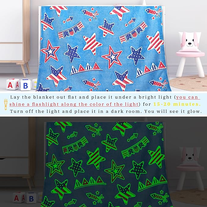 Glow in The Dark Blanket American Flag Blanket July 4th Decor USA Flag Patriotic Star Stripes Independence for Men Women Kids