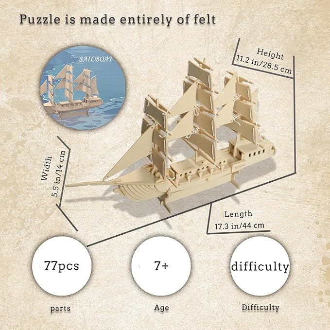 3D Puzzles for Kids, Felt Sailboat 3D Puzzle, DIY Model kit, Felt Handmade Ornaments, Sailboat 3D Puzzle
