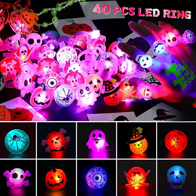 100 PCS Halloween Party Favors for Kids, Glow in The Dark Toys Bulk Halloween Light Up Rotating Necklaces LED Ring Temporary Tattoos Halloween Treats Classroom Prizes Goodie Bag Fillers Trick or Treat