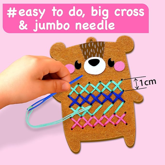 EZCRA Beginner Needlepoint Cross Stitch Kit for Kids Ages 5-8 – Easy Embroidery Starter Set with Jumbo Plastic Needles, Pre-Printed Patterns, Instructions – DIY Arts & Crafts Gift for Girls & Boys