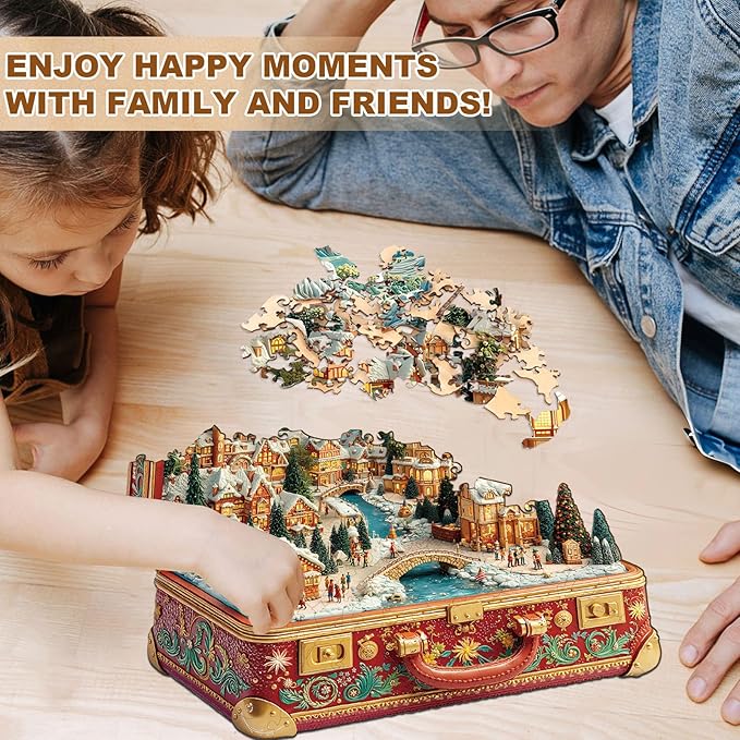WOODBESTS Wooden Puzzles for Adults (185 Piece, M, 11.4 * 11.1in) Christmas Suitcase Town Wood Puzzle Adult, Unique Wooden Animal Jigsaw Puzzles, Family Game and Birthday Gifts for Friend