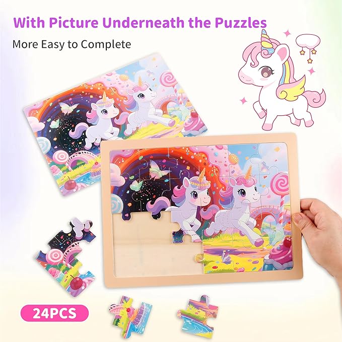 24PCS Wooden Puzzles for Kids Ages 4-6, 4 in 1 Box, Preschool Educational Toys Birthday Gifts Puzzles for 3 4 5 6 7 8 Year Old Boy Girls, Unicorn