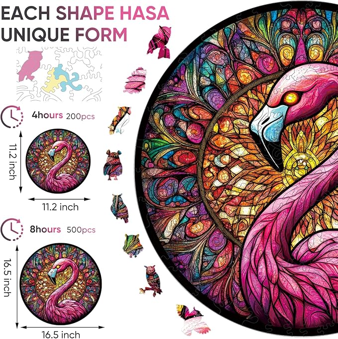 Wooden Puzzles for Adults, Flamingo Jigsaw Puzzles, Unique Shape Adult Puzzles, Irregular Christmas Thanksgiving Gifts for Family Friend(11.2 * 11.2 in-200pcs)