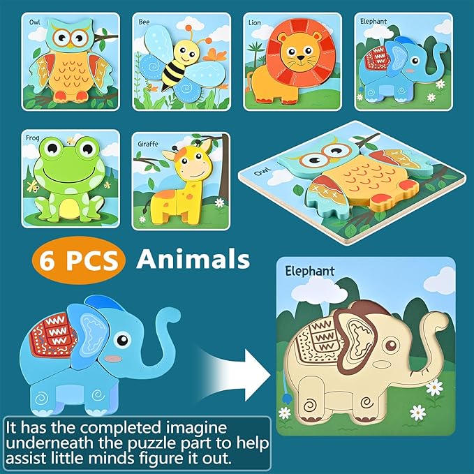 D-KINGCHY Wooden Puzzles for 3 4 5 Years Old Boys Girls, 6 Pcs Animal Jigsaw Puzzles for 3+ Years Old, Educational Preschool Learning Toys for Toddlers