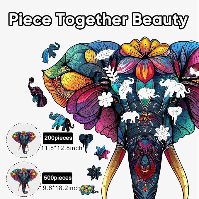 Ruikiyart Wooden Puzzles for Adults, 5MM 500 Pieces Mandala Elephant Jigsaw Puzzles Unique Shapes, Animal Puzzles Gift for Kids and Adults on Birthday,Thanksgiving,Christmas (19.6"x18.2")
