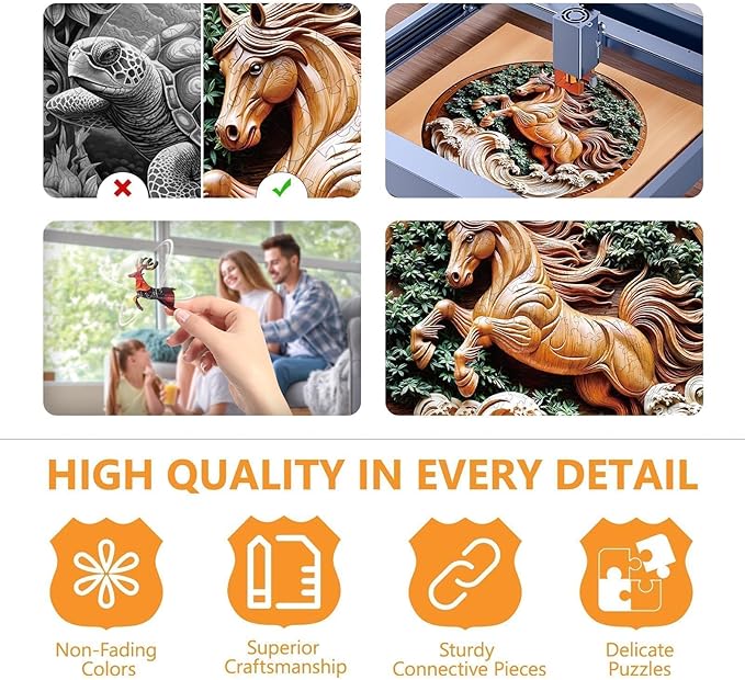 Wooden Puzzles for Adults - Flat Puzzle with 3D Visual Effect Horse Puzzle, Unique Shape Animal Wooden Puzzle, Unique Gift Ideas, Wood Puzzles Adult, Wall Art Puzzle Canvas (S-8.5 * 8.5in-100 Pieces)