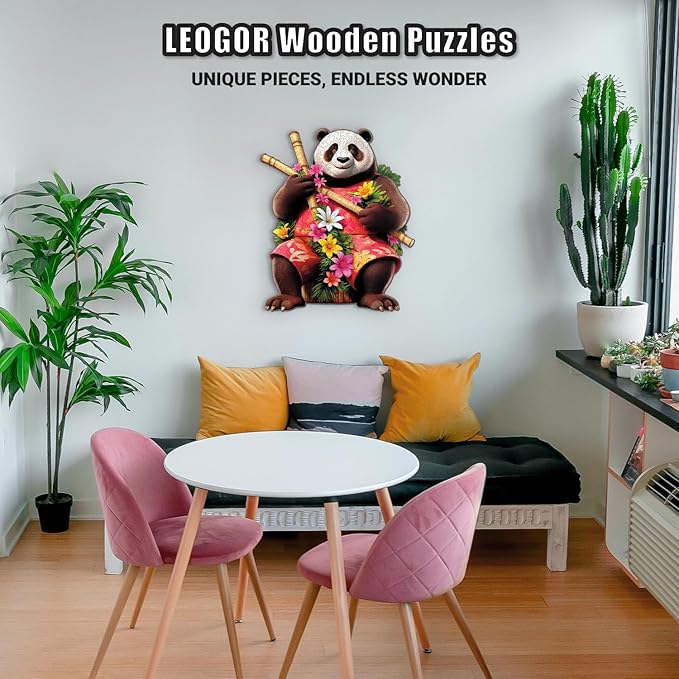 LEOGOR Wooden Puzzles for Adults – 200 Piece, 10.9 x 13 in Extra-Thick 5mm Wood Puzzles Adult, Animal Shaped Mosaic Jigsaw, Tropical Panda Paradise, Unique Hand-Drawn Pieces