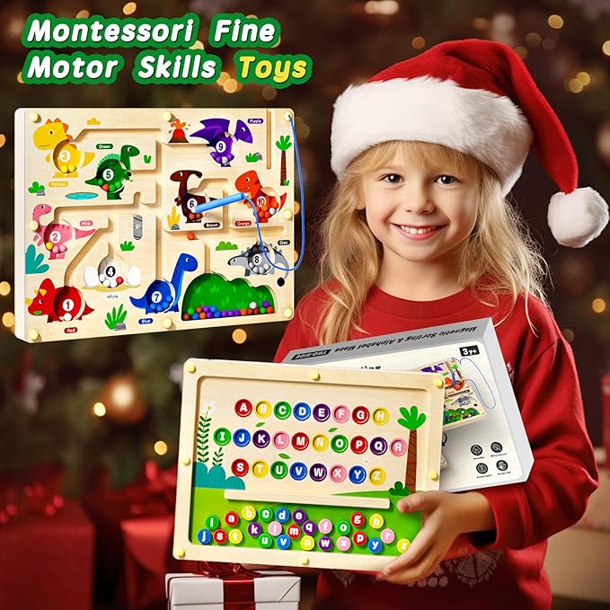 2 in 1 Magnetic Color and Number Maze Magnet Alphabet Counting Car Puzzle Double Sided Board Fine Motor Skills Montessori Preschool Toys for Boys and Girls (Color1, One Side)