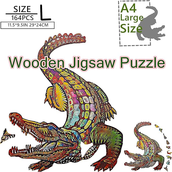 Wooden Jigsaw Puzzle for Adults,Unique Crocodile Animals Shaped Magic Pieces Family Game Best Gift Adults,Can be Used as a Cool Mouse Pad, 164pcs,(11.5x9.5 inches) 02…
