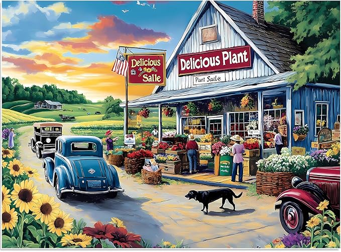 500 Piece Puzzles for Adults, Sunflower Field with Car House & American Flag Jigsaw Puzzles 20.5 x 15 in, Relaxing Country Jigsaw Puzzle, Challenging Puzzle Perfect Game Gift for Holidays & Family Fun