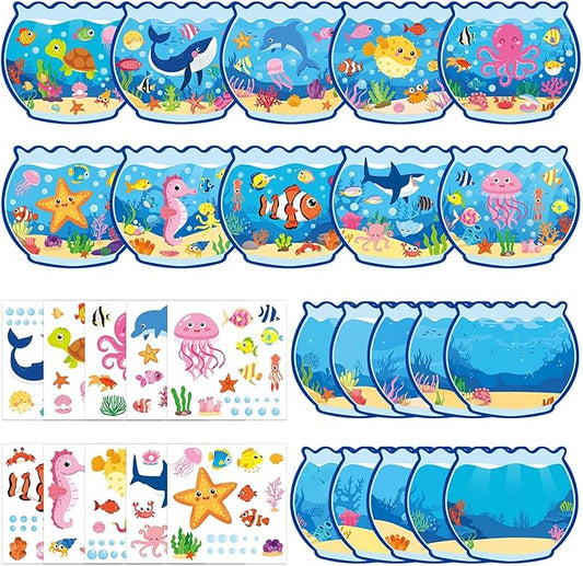 JUNEBRUSHS 30 Sets Summer Ocean Crafts Kits for Kids, Under The Sea Animals Worlds Stickers Scene for Home Classroom Game Activities Summer Crafts Party Favors