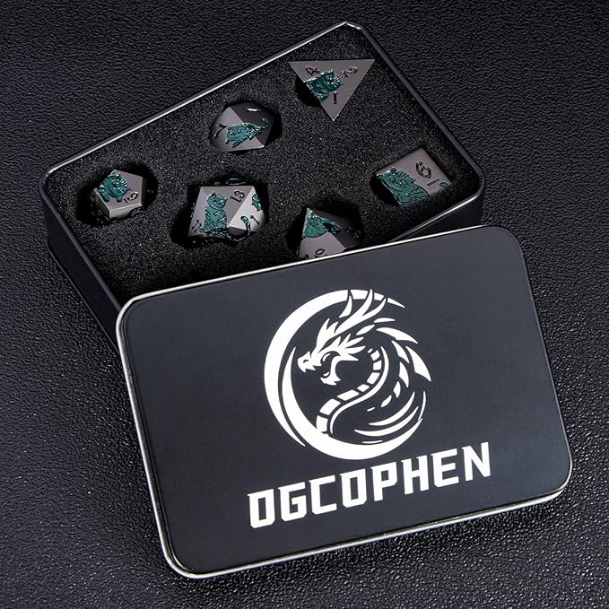 Metal DND Cat Dice 7PCS Polyhedral RPG Dice Set with Gift Case for Dungeons Dragons Role Playing Game, D and D Dice D6 D8 D10 D12 D20 D% (Grey Green)