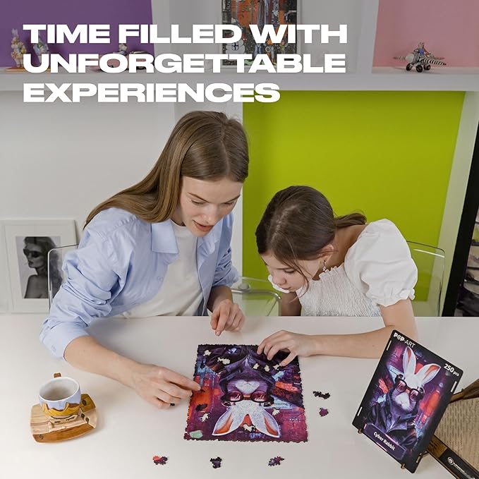 UNIDRAGON Original Wooden Jigsaw Puzzles - Pop Art Cyber Rabbit, 250 pcs, 12.6"x 9", Beautiful Gift Package, Unique Shape Best Gift for Adults and Kids