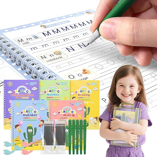 Magic Practice Copybook, Reusable Writing Practice Book, Grooved Handwriting Copybook Set for Preschool Kids Age 3-8 Calligraphy 5.7 * 7.9 inch (5 PCS with 5 Cactus Pens & A Storage Bag)