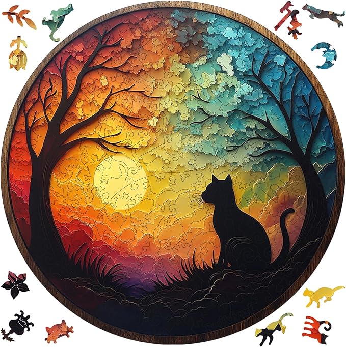 Ruikiyart Wooden Puzzles for Adults, 5MM 500Piecs Forest Cat Silhouette Wooden Jigsaw Puzzle, Unique Shape Tree Puzzle for Kids and Adults on Birthday, Thanksgiving, Christmas (16.5”x16.5”)