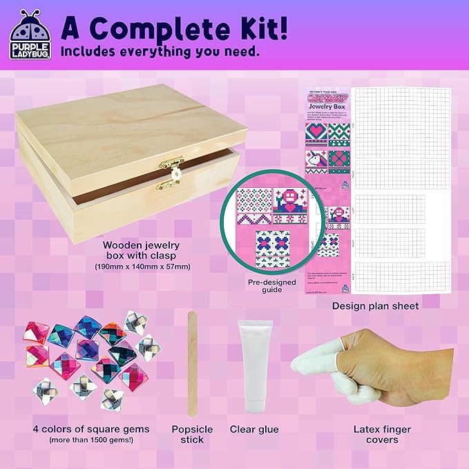 PURPLE LADYBUG DIY Jewelry Box Craft Kit for Girls Ages 4-12, Arts and Crafts for Kids, Creative Toys for Little Girls 6-8 Years Old, Birthday Gift for 5+ Year Old Girl, Mosaic Mermaid Unicorn Design