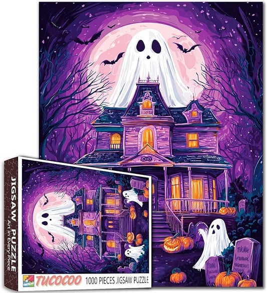 Haunted House Puzzle 1000 Pieces for Adults Ghosts Pumpkins and Full Moon Jigsaw Puzzle Spooky Mansion Night Scene Puzzles Fun Fall Indoor Activity for Women Men Halloween Puzzle Gift Decoration